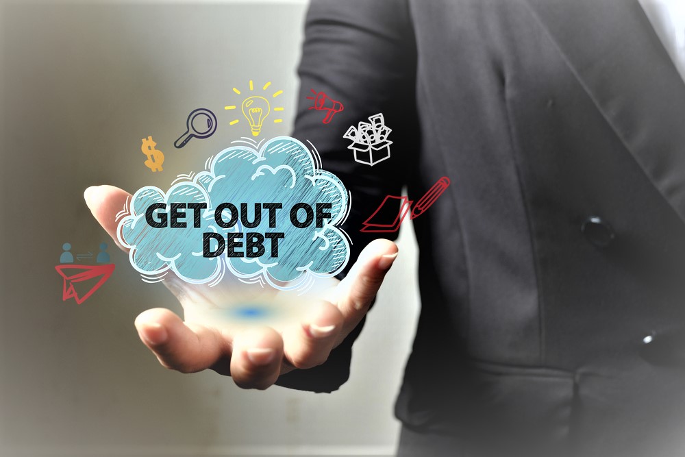 Get,Out,Of,Debt,Concept,With,Icons,On,Hand,,